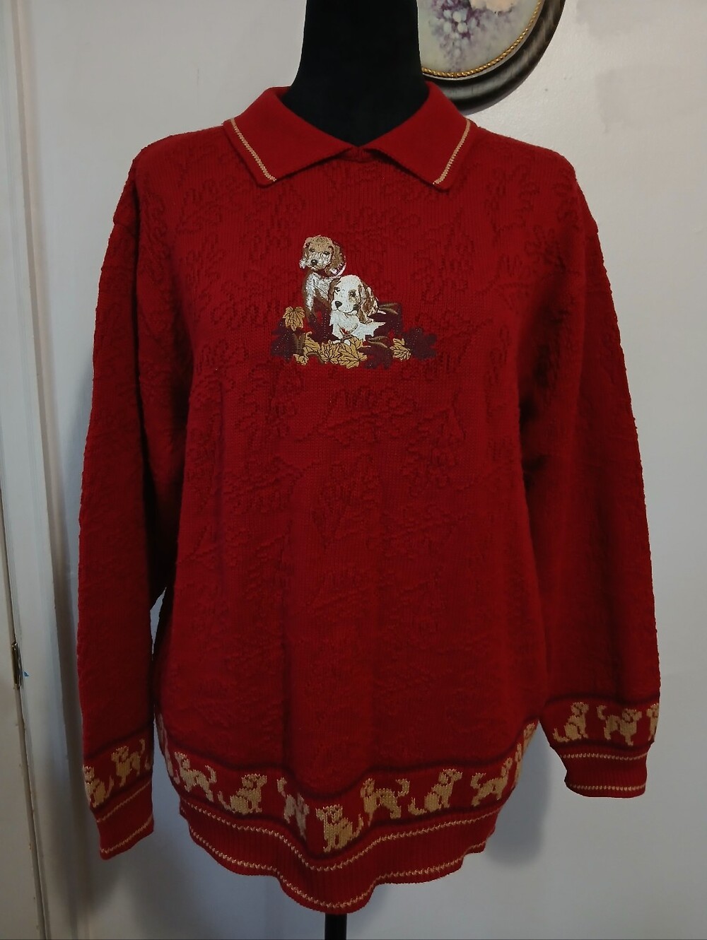 Vintage 90s De Moda Collared Sweater Size M Red Embroidered Puppy dog